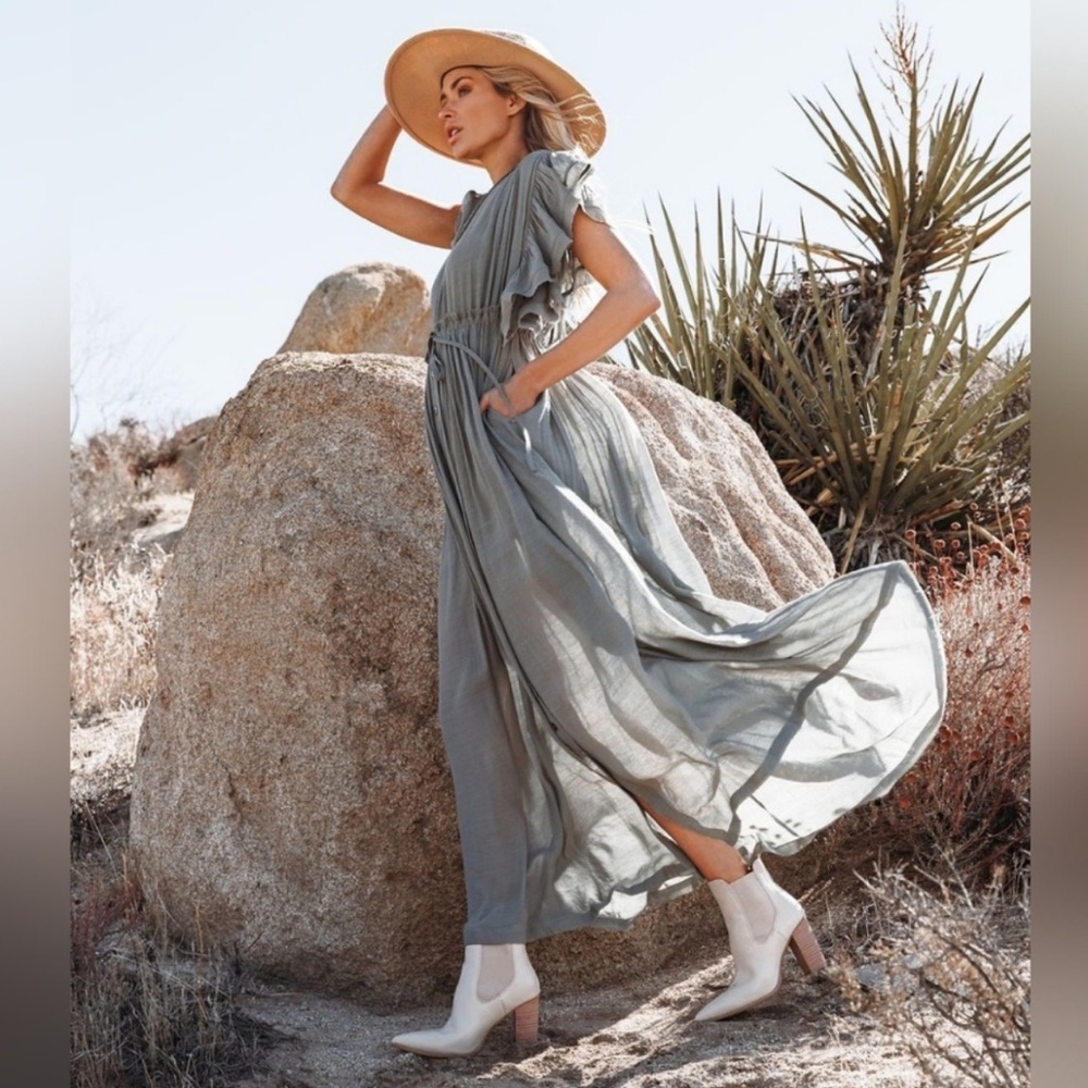 Heather Grey Boho Gauze Button Front Flutter Sheer Maxi Dress W/Adjustable Waist